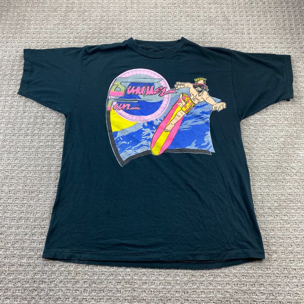 Vintage Shirt Men Large L Black Summer Fun 80s 90s T-Shirt Graphic Tee Surfing